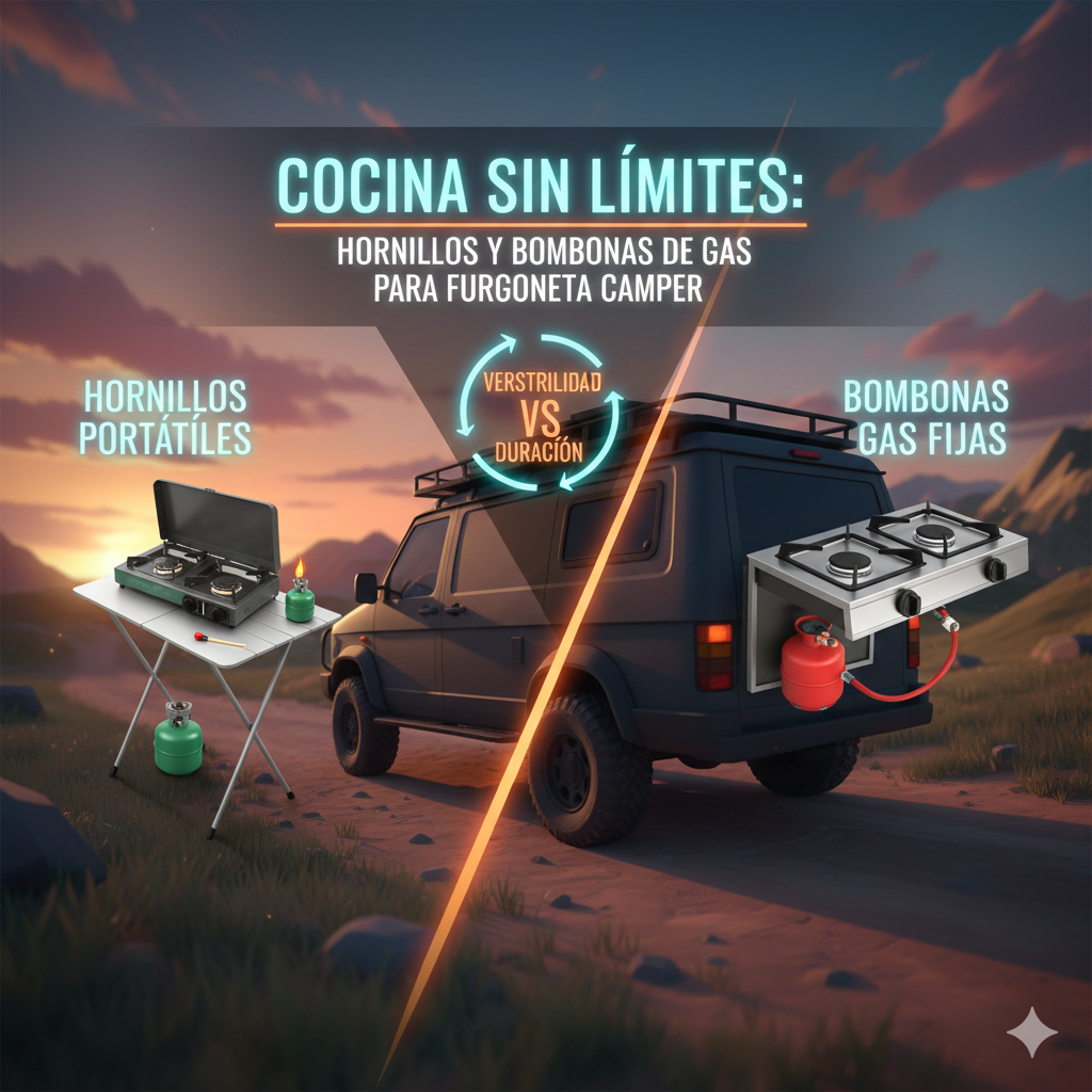 Cocina gas camper portátil con hornillo y bombona pequeña en interior de furgoneta
