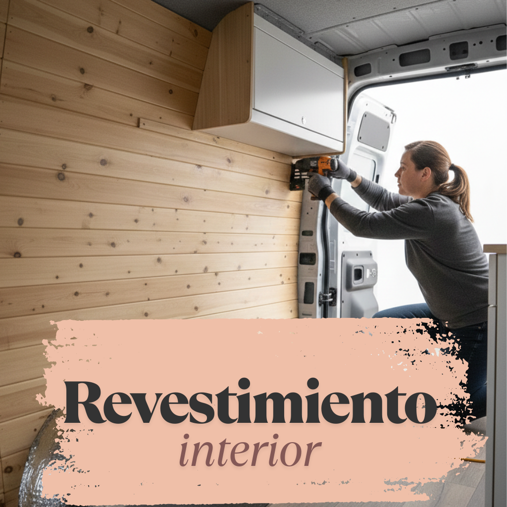 Paneles de madera instalados como revestimiento interior en furgoneta camper