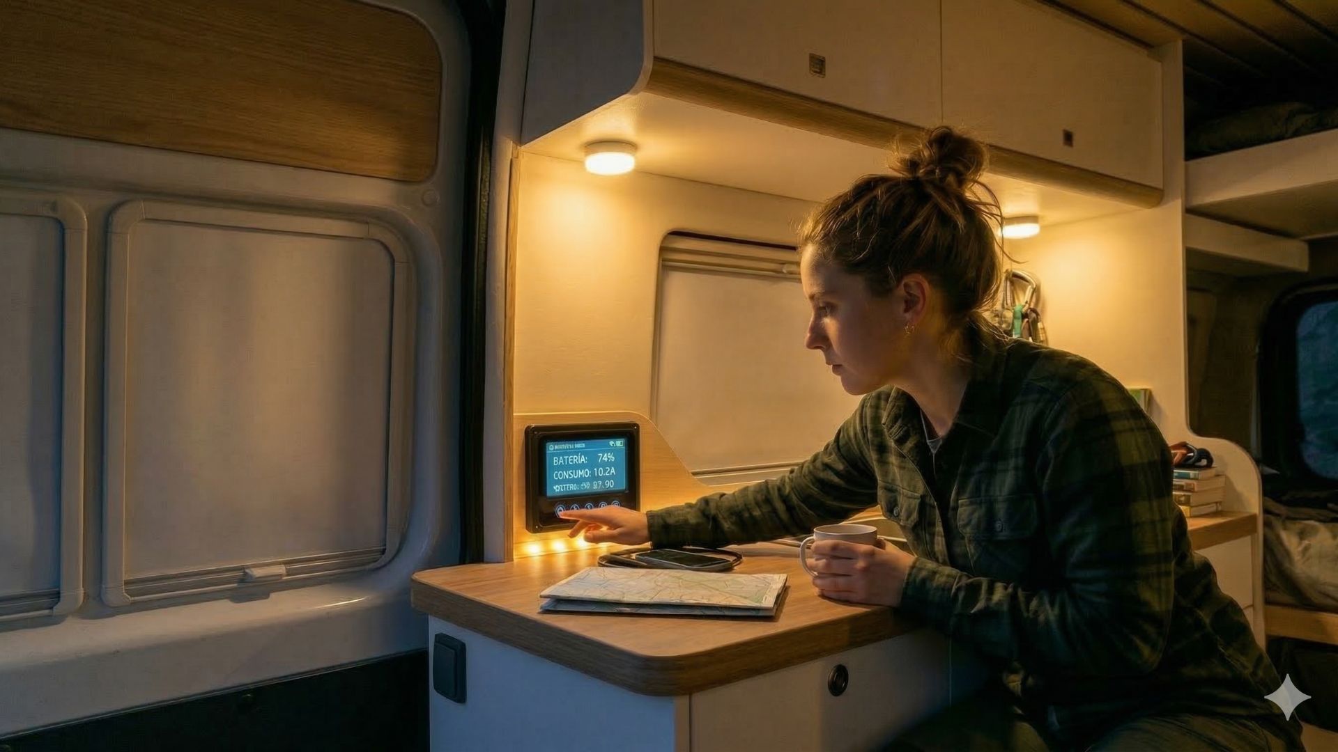 Una mujer dentro de una furgoneta camper revisando el monitor electrónico de control de batería auxiliar durante la noche.
