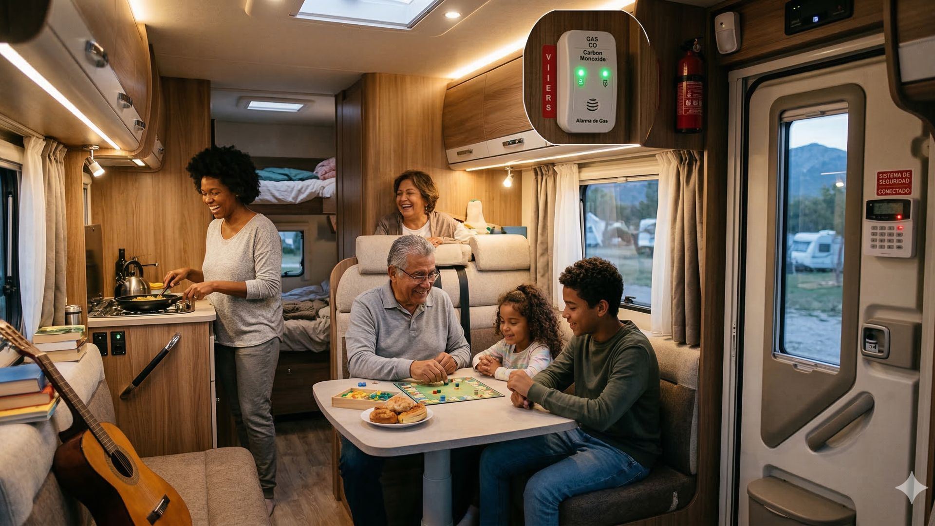 Vista interior de una autocaravana con una familia cenando en la dinette, mostrando en primer plano una alarma de gas (CO Detector) instalada en la pared de la cocina cerca del techo.