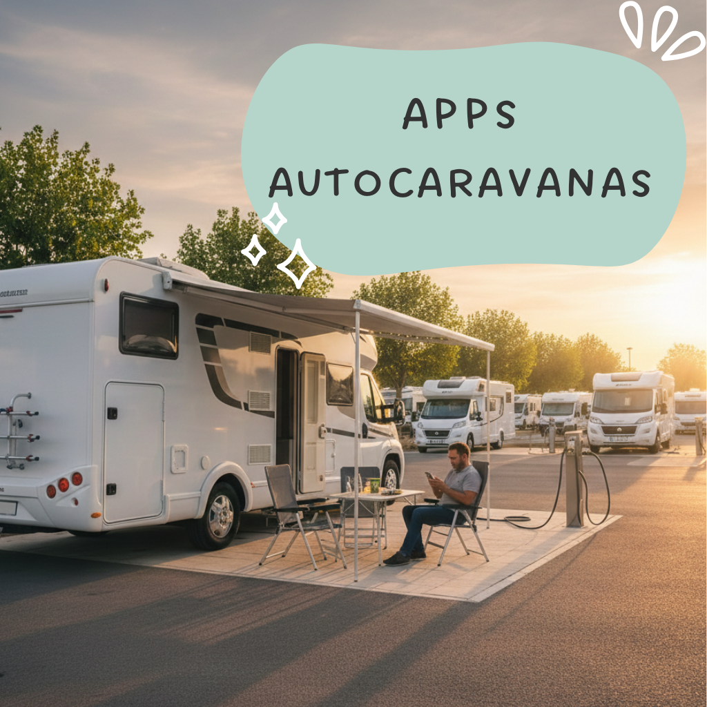 Aplicación móvil mostrando área de autocaravanas con servicios de agua y vaciado