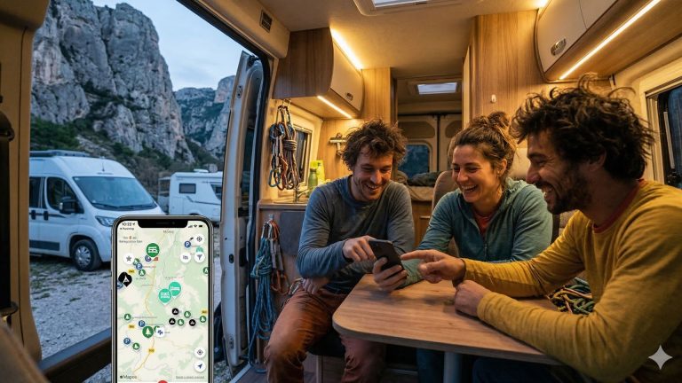 Tres amigos escaladores sentados alrededor de una mesa dentro de una furgoneta camper, mirando un teléfono móvil que muestra un mapa con ubicaciones de áreas de pernocta