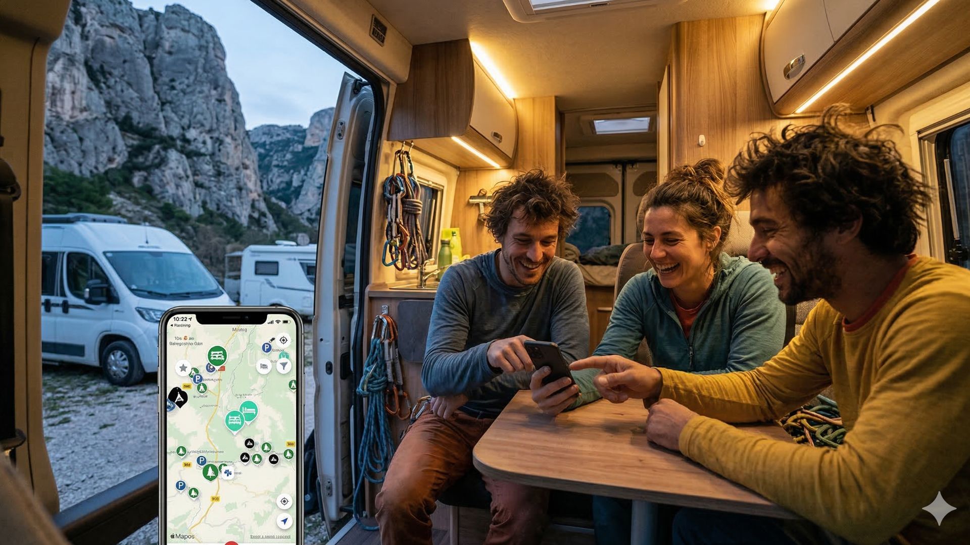 Tres amigos escaladores sentados alrededor de una mesa dentro de una furgoneta camper, mirando un teléfono móvil que muestra un mapa con ubicaciones de áreas de pernocta