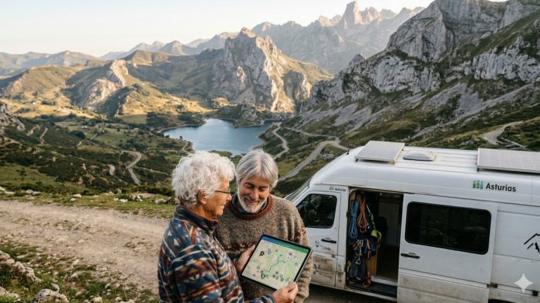 Dos personas están de pie en un mirador de montaña escarpada al atardecer, junto a su furgoneta camper, mirando y comentando una aplicación de planificación de rutas camper en una tableta encendida con un mapa detallado.
