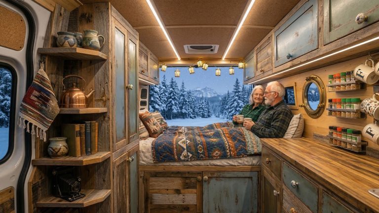 Pareja senior relajada y abrigada en el interior de su furgoneta gracias a la calefaccion estacionaria camper, mientras nieva en el exterior.