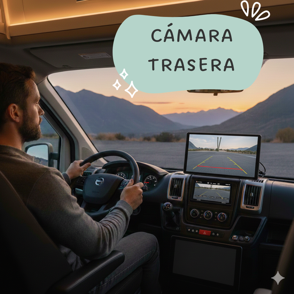 Pantalla mostrando cámara de visión trasera durante maniobra en camper