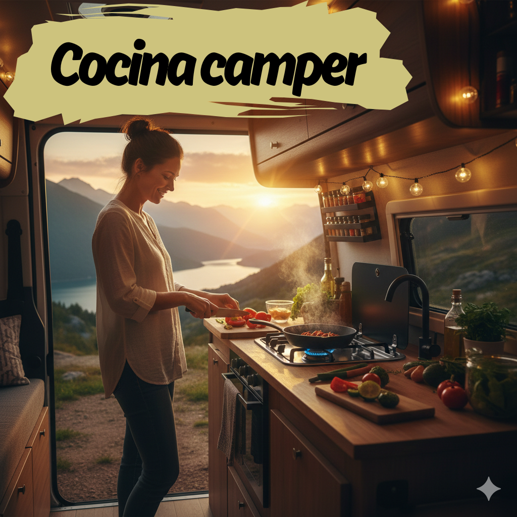 Cocina sencilla en furgoneta camper con hornillo portátil y utensilios básicos