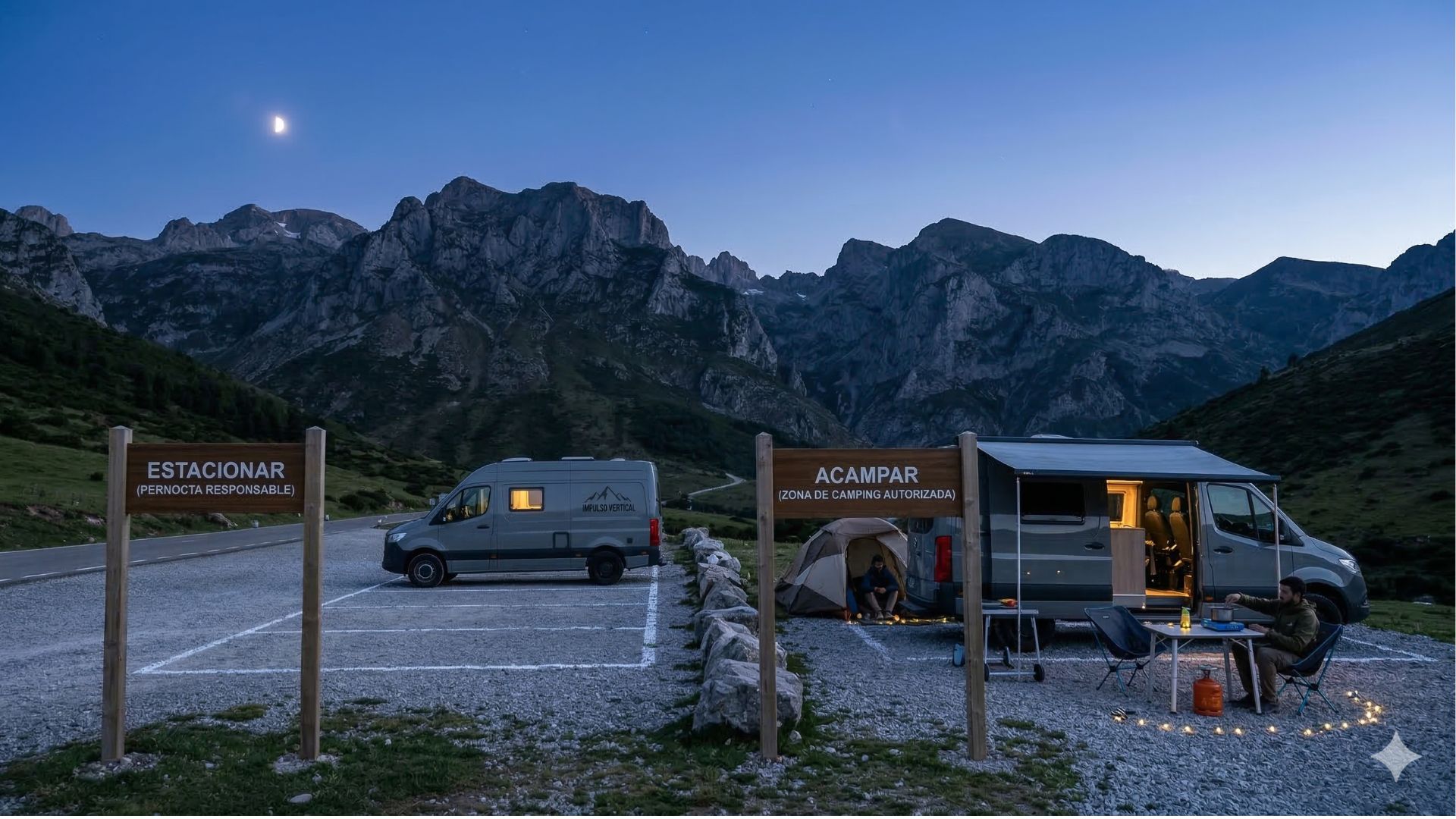 Comparativa fotográfica de una furgoneta camper aparcada de forma responsable y legal (estacionada) frente a una furgoneta acampada ilegalmente con toldo, sillas, mesa y cocina exterior en un entorno natural.