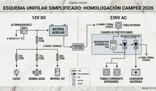 Diagrama técnico simplificado que ilustra un esquema unifilar de instalación eléctrica para una furgoneta camper, diseñado para la homologación ITV. Muestra de forma esquemática la separación entre el circuito de 12V (Batería auxiliar, fusibles, bomba de agua, luces, nevera) y el circuito de 230V (Toma exterior, diferencial, magnetotérmicos, tomas de corriente). Incluye leyendas claras.