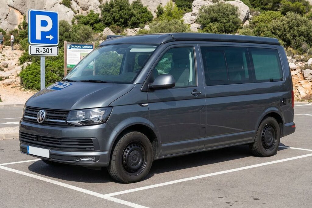 Fotografía de una furgoneta camper estacionada en un parking público de asfalto en España, sin calzos de nivelación, toldo desplegado ni ventanas batientes abiertas, cumpliendo estrictamente los criterios físicos de estacionamiento de la DGT para diferenciarlo de la acampada.