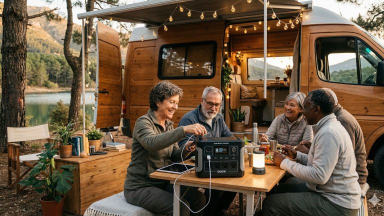 Vista interior de una escena de campamento camper al atardecer, con una estación de energía portátil moderna sobre una mesa cargando un teléfono móvil y una tablet, y alimentando las luces de hadas de la furgoneta, mientras dos personas descansan en sillas de camping.