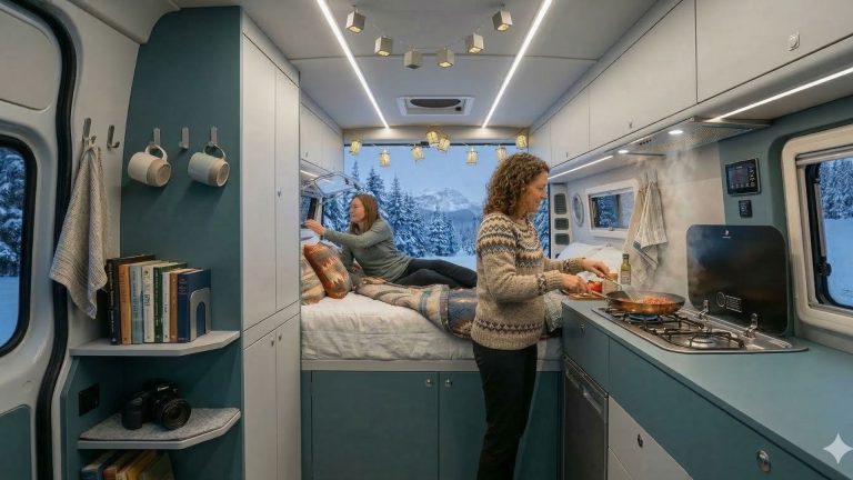 Una mujer cocina en los fogones de una furgoneta camperizada mientras su pareja abre una ventana lateral para ventilar y evitar la condensación en camper.