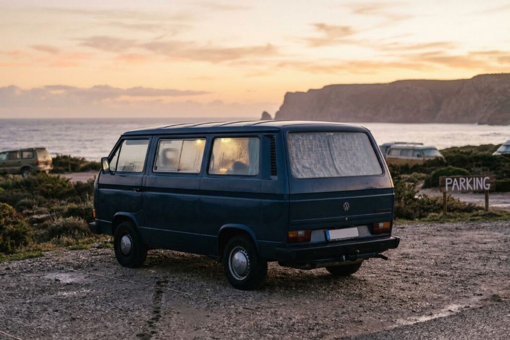 Fotografía de una furgoneta camper estacionada en un parking costero en España al amanecer, sin elementos de acampada exteriores, con indicios de ocupantes durmiendo dentro, en cumplimiento de la Instrucción de la DGT.