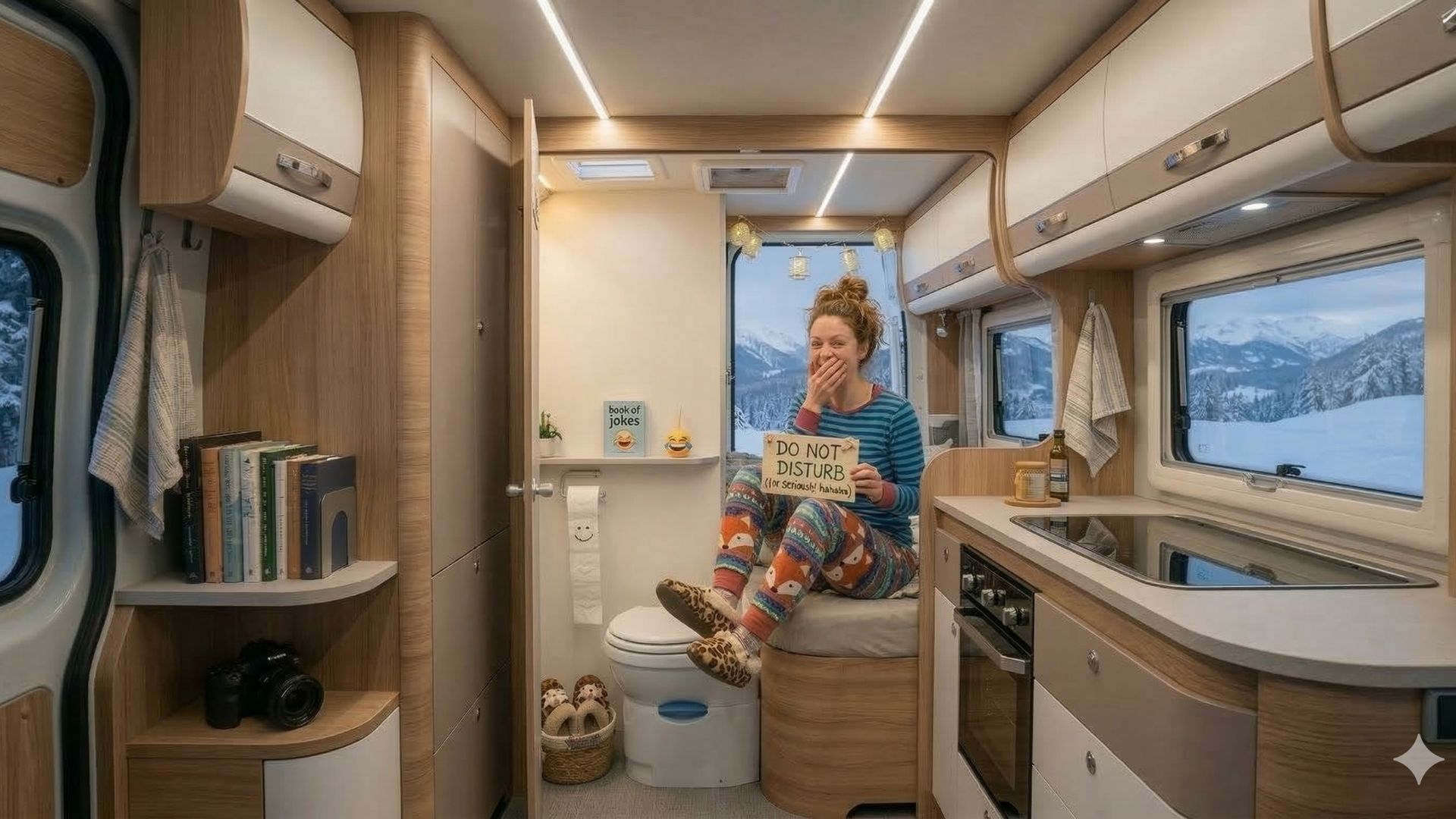 Una mujer joven con pijama divertido ríe sentada en el baño de su autocaravana, mostrando el uso de un wc portatil camper en un espacio optimizado.