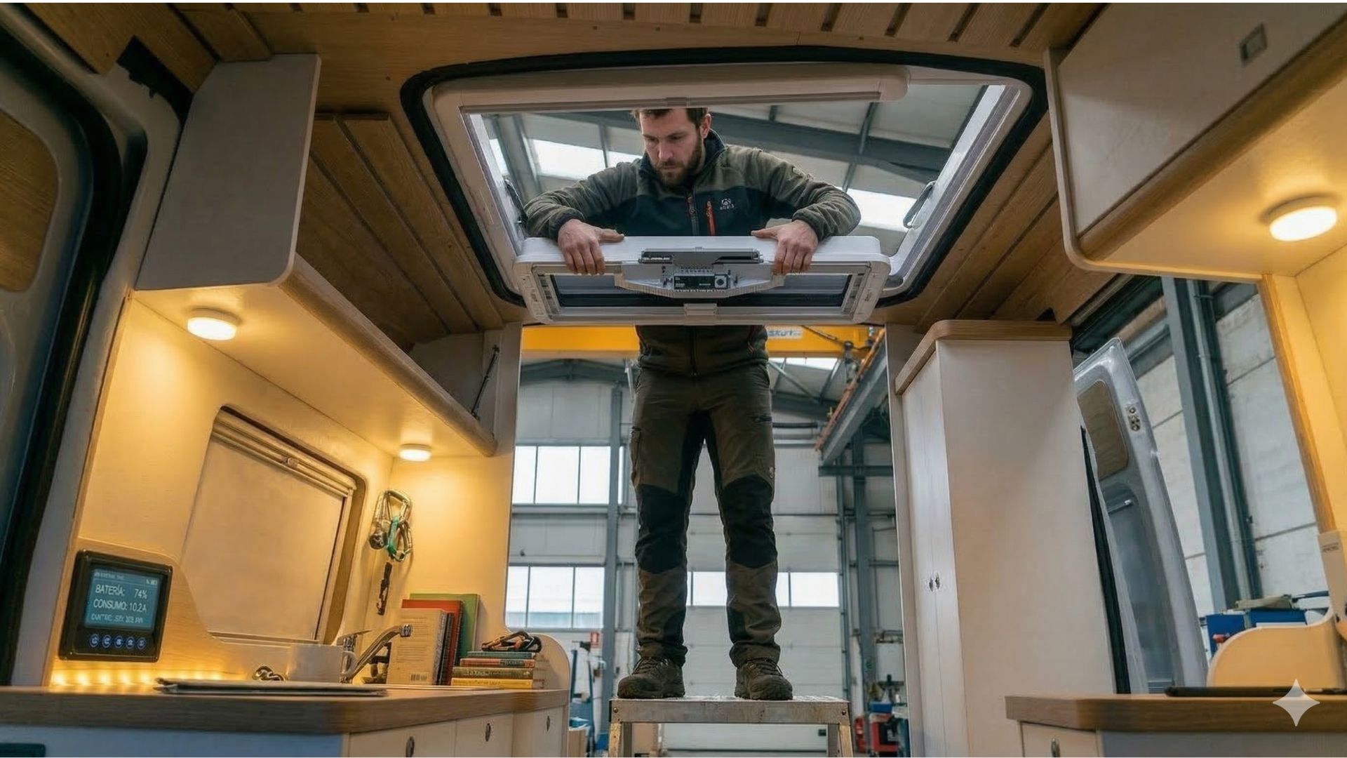 Un técnico instalando una claraboya en el techo de una furgoneta camper desde el interior de un taller especializado.