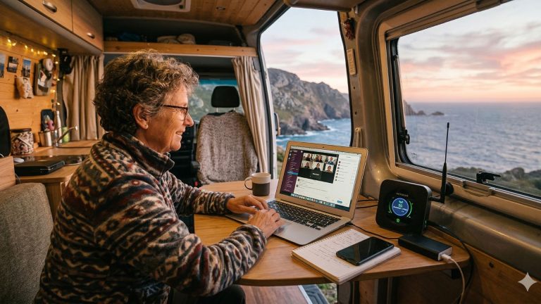 Vista interior de una furgoneta camper en un lugar remoto al atardecer, con una persona concentrada trabajando en un ordenador portátil junto a un router 4G/5G portátil de internet que muestra la conexión activa, mientras se ve un paisaje de montaña o costa a través de la ventana.
