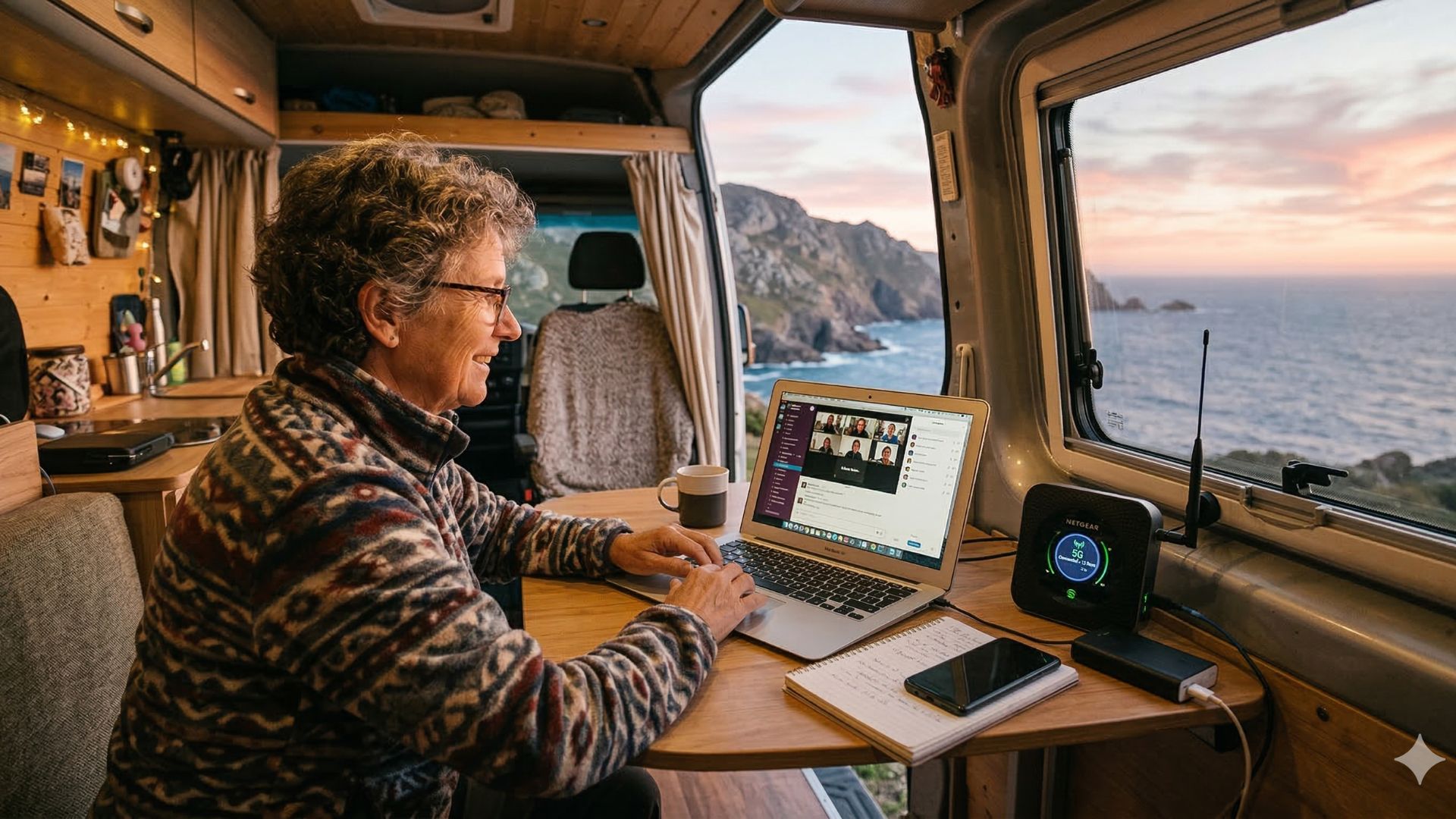 Vista interior de una furgoneta camper en un lugar remoto al atardecer, con una persona concentrada trabajando en un ordenador portátil junto a un router 4G/5G portátil de internet que muestra la conexión activa, mientras se ve un paisaje de montaña o costa a través de la ventana.