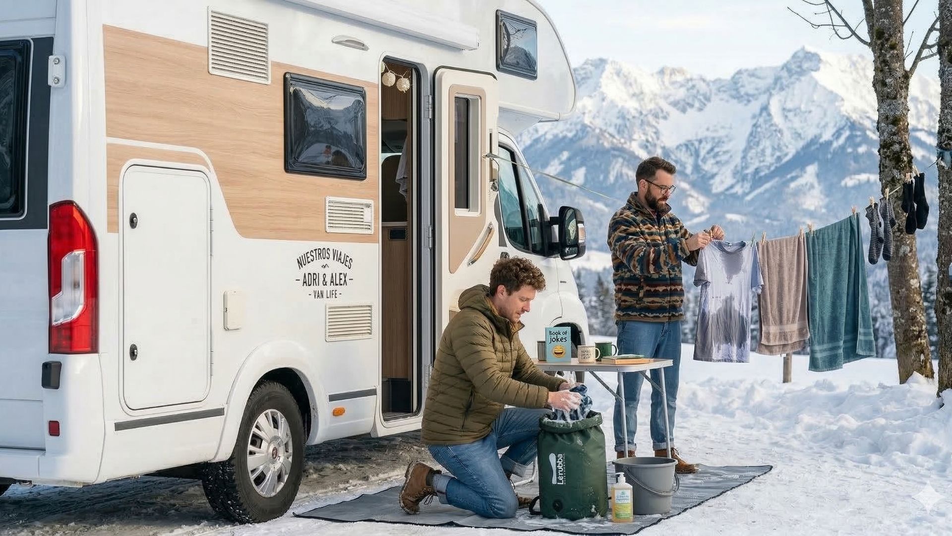 Una pareja de hombres realiza la colada en el exterior de su furgoneta camper en un entorno de montaña nevado, uno utiliza una lavadora de bolsa portátil mientras el otro tiende la ropa, mostrando como lavar ropa en ruta.