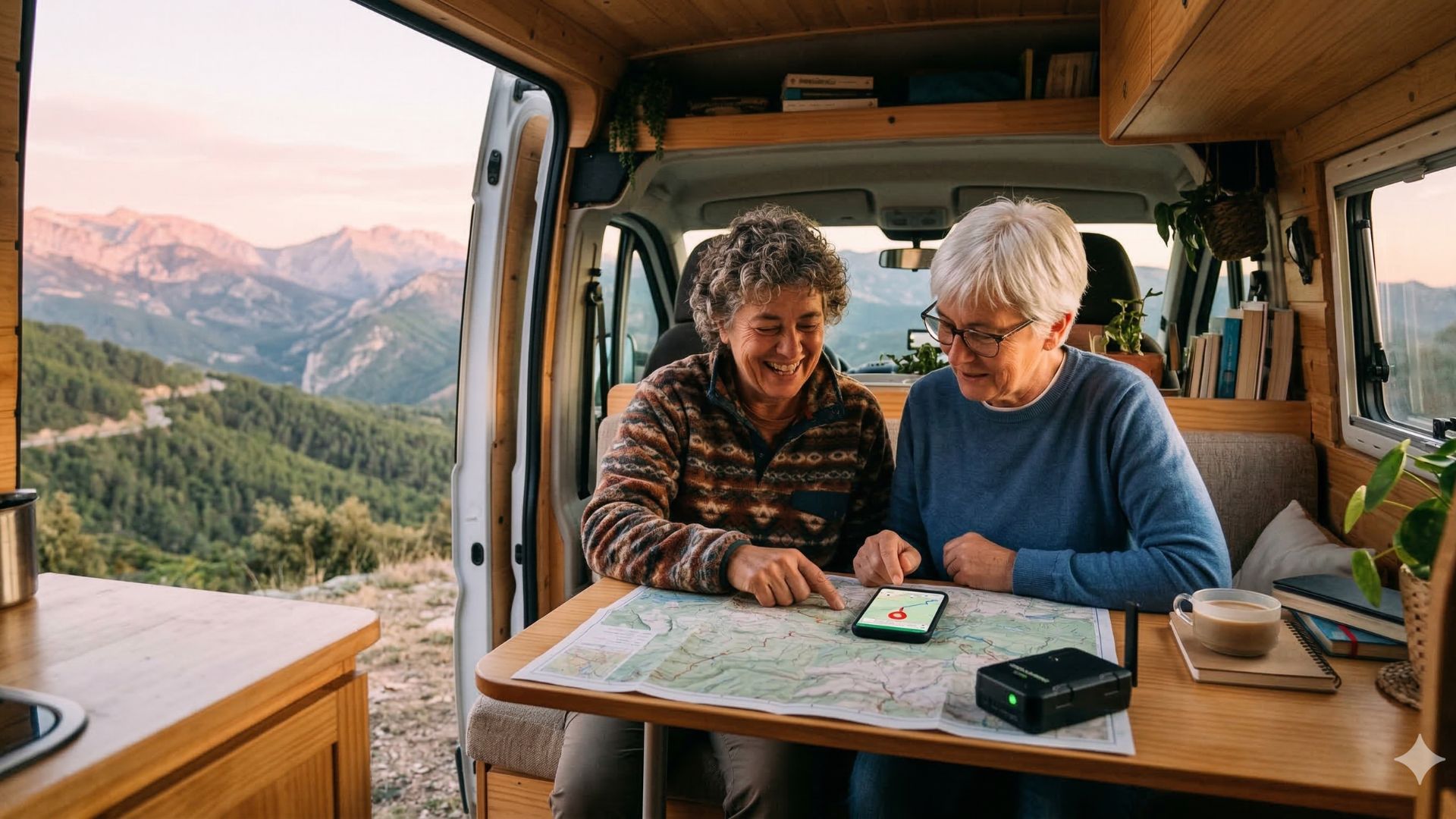 Vista interior de una furgoneta camper aparcada en la montaña al atardecer, con dos personas sentadas en la mesa mirando un mapa y un teléfono móvil que muestra la ubicación GPS exacta, junto a un localizador GPS físico discreto en una estantería.