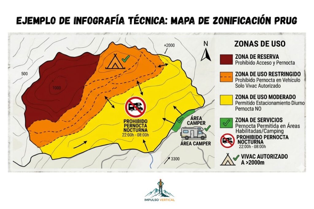 mapa educativo simplificado que el usuario puede encontrar en la entrada de cualquier Parque Nacional, enseñándole a identificar visualmente las áreas donde la pernocta en vehículo está prohibida (rojo y naranja) frente a las áreas periféricas de servicios (verde).