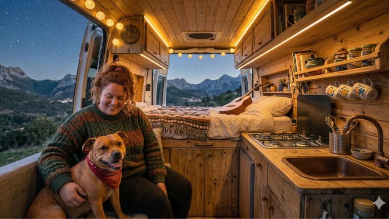 Mujer sonriente sentada junto a su perro en el interior rústico de una furgoneta camper con vistas a las montañas.