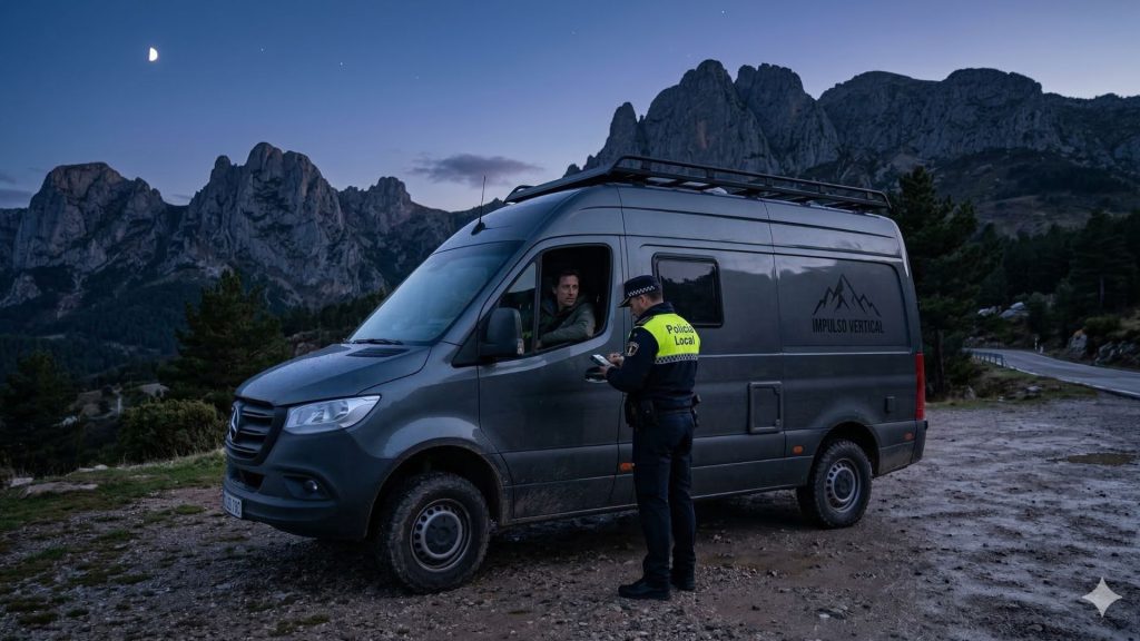 Un agente de Policía Local escribiendo una multa a una furgoneta camper aparcada ilegalmente en una zona de montaña al anochecer.