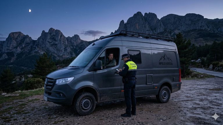 Un agente de Policía Local escribiendo una multa a una furgoneta camper aparcada ilegalmente en una zona de montaña al anochecer.