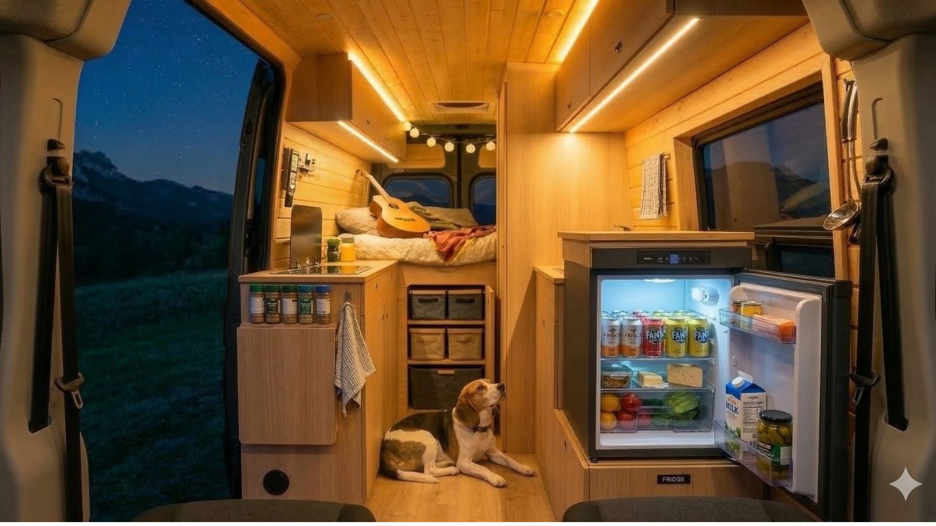 Nevera pequeña abierta y llena de alimentos en el interior iluminado de una furgoneta camper.