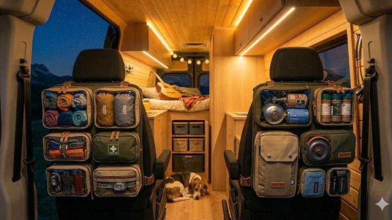 Bolsas de almacenamiento organizadoras colgadas detrás de los asientos delanteros de una furgoneta camper.