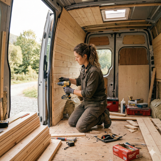 chica panelando una furgoneta para hacer el revestimiento interior camper