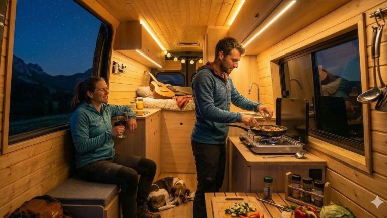 Un hombre de pie en la cocina compacta está sazonando verduras en una sartén sobre un hornillo de gas