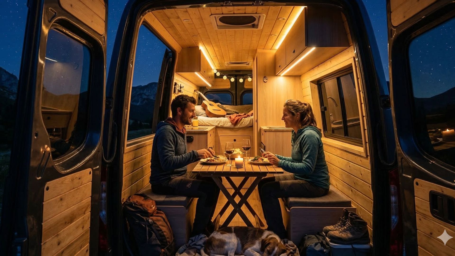 Vista desde el interior de una furgoneta camper moderna y acogedora con revestimiento de madera, donde una pareja cena en una mesa plegable bajo cálidas luces LED y guirnaldas, con vistas a un cielo estrellado y montañas a través de la puerta trasera abierta, y un perro durmiendo en el suelo.