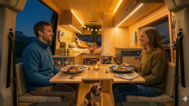Pareja sentada frente a frente en una mesa de furgoneta camper con platos de comida detallados y una olla al fuego