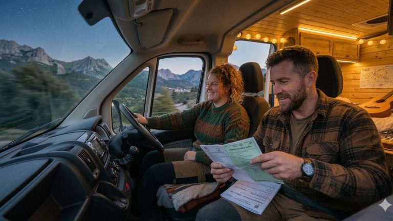 Una mujer conduce una furgoneta camper por una carretera de montaña mientras un hombre en el asiento del copiloto revisa los papeles del vehículo.