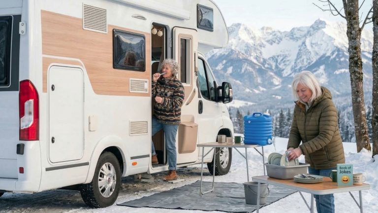 Una mujer senior cepilla sus dientes con el grifo abierto mientras su pareja lava platos fuera con un bidón portátil, mostrando distintas formas de usar el agua en camper.