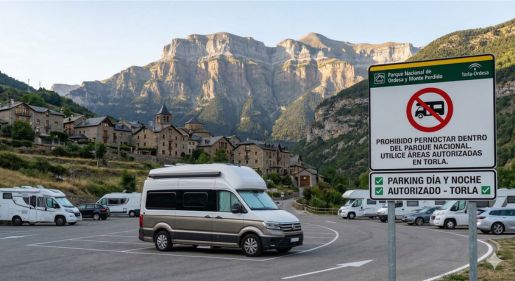 Pernoctar en parques nacionales. Furgoneta camper estacionada legalmente en un parking municipal de Torla, en la zona de influencia del Parque Nacional de Ordesa y Monte Perdido.
