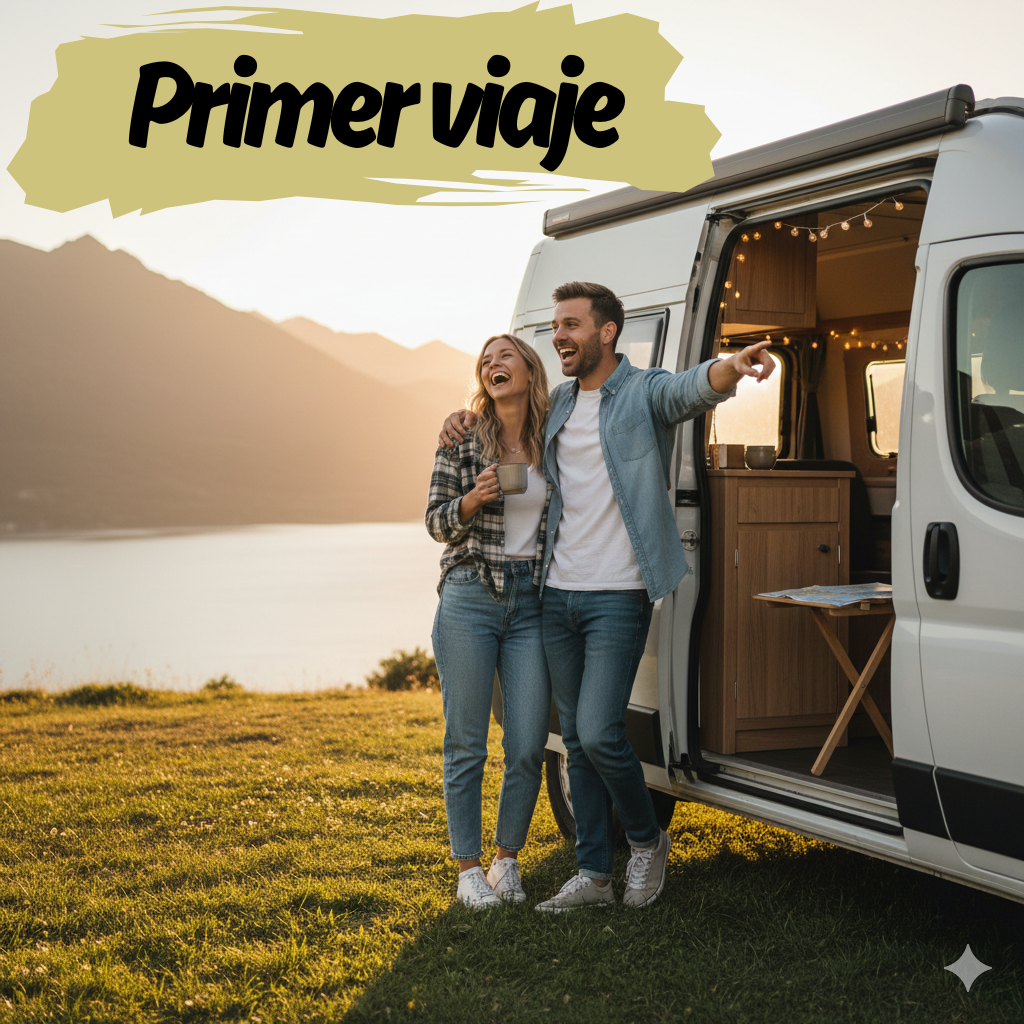 Primer viaje en furgoneta camper estacionada en entorno natural durante una ruta