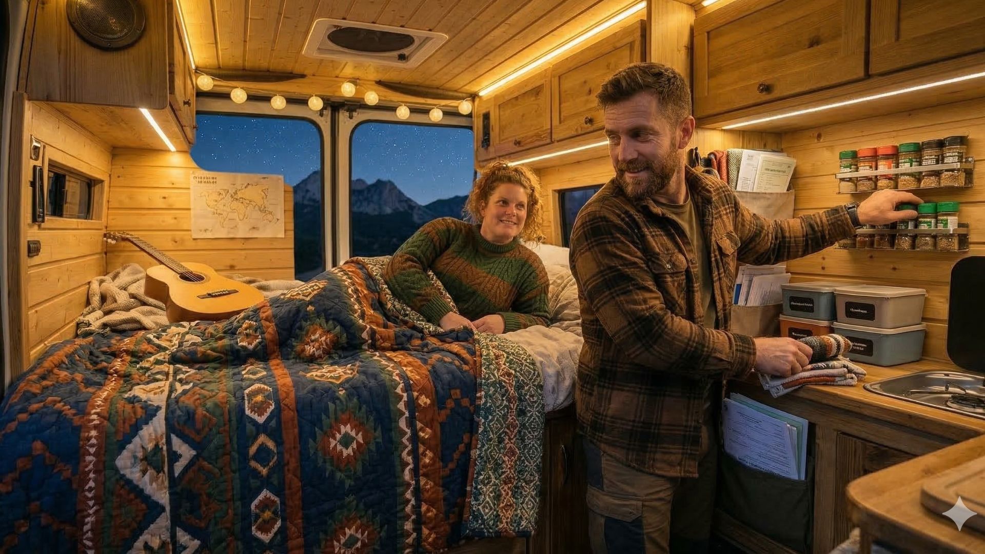 Un hombre organiza el menaje de cocina y la despensa en una furgoneta camper, mostrando el orden de lo que llevar en una furgoneta camper para un viaje organizado, con una mujer descansando al fondo.
