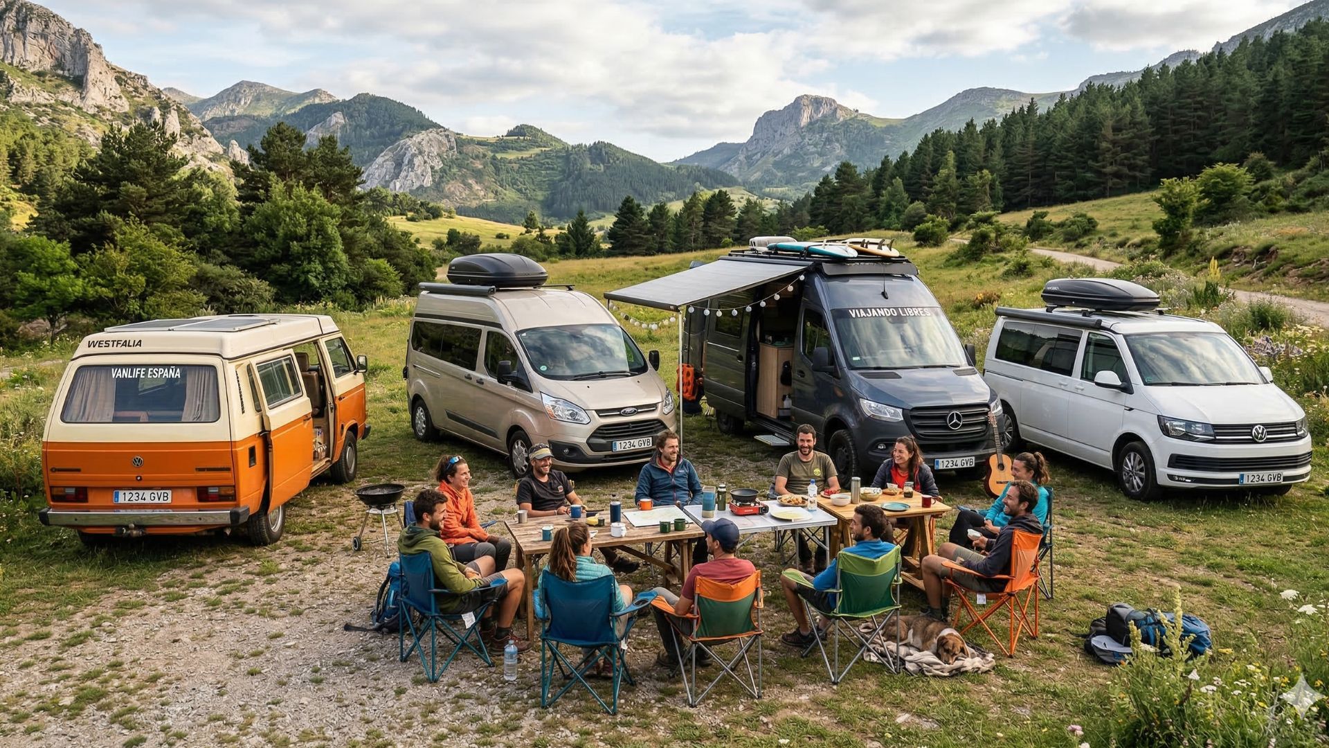 Grupo de furgonetas camper de diversos modelos aparcadas en un valle de montaña, con personas sentadas alrededor de mesas y sillas de camping disfrutando de una comida al aire libre