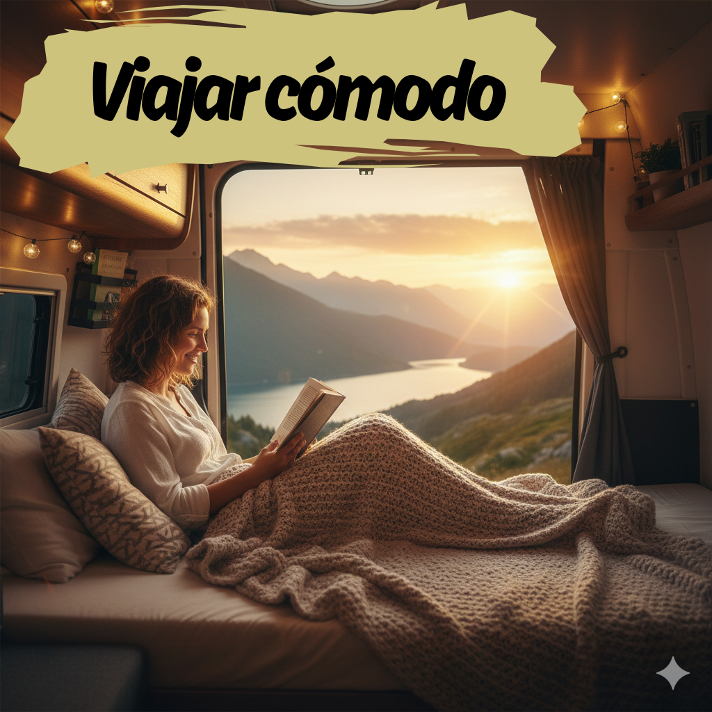 Interior organizado de furgoneta camper con equipamiento básico para viajar cómodo