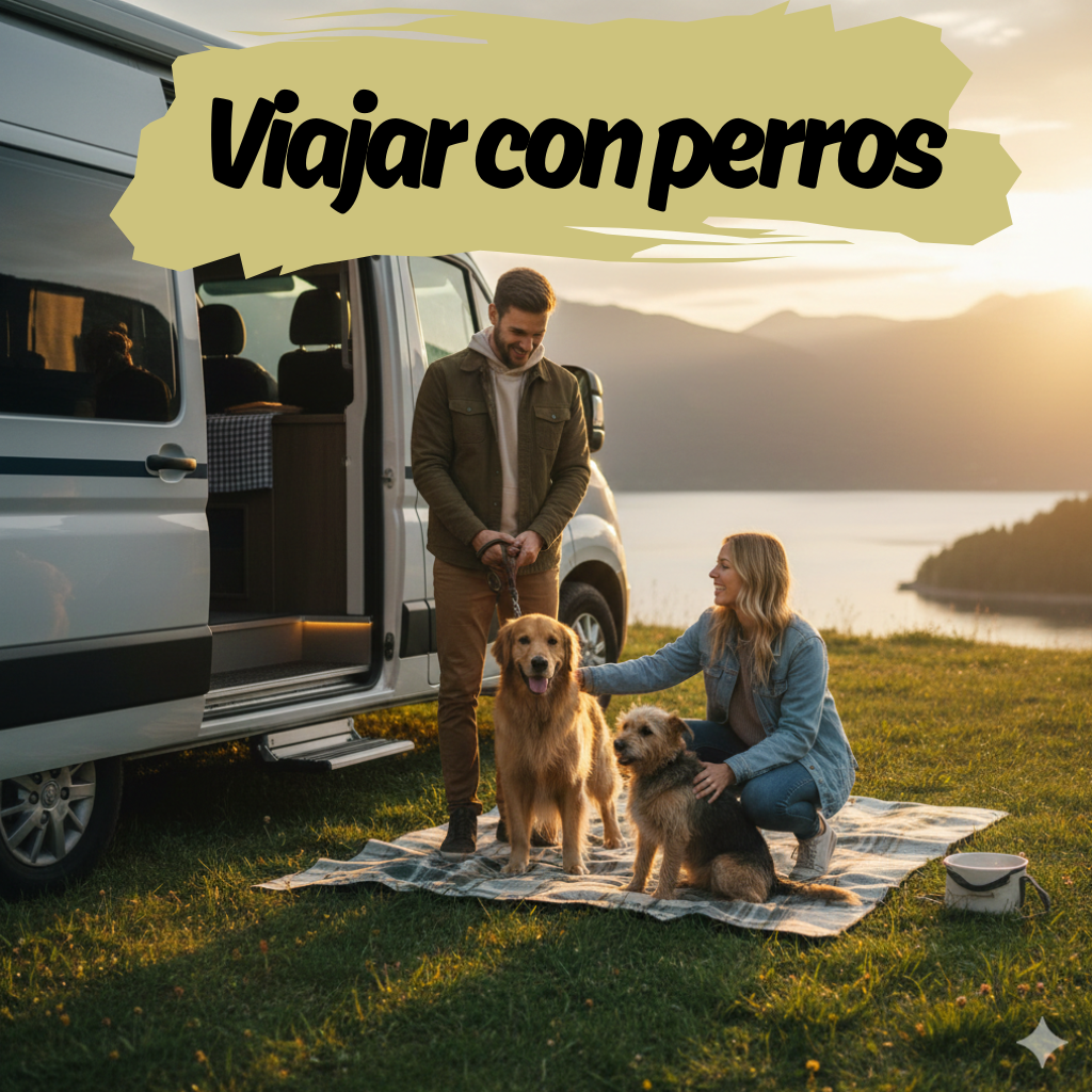 Persona viajando en furgoneta camper con perro descansando en el interior del vehículo