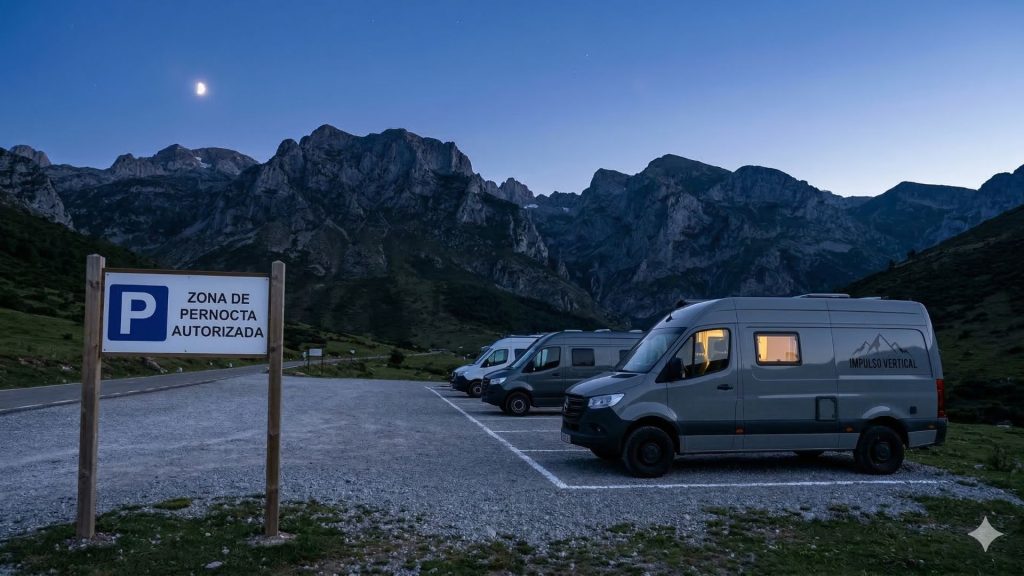 Furgoneta camper pernoctando en una zona habilitada y señalizada con un cartel de P y Texto Zona de Pernocta Autorizada, con montañas calizas de fondo en España.