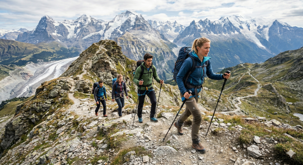 Grupo de senderistas practicando técnicas de progresión con bastones en un sendero de montaña técnico y expuesto.