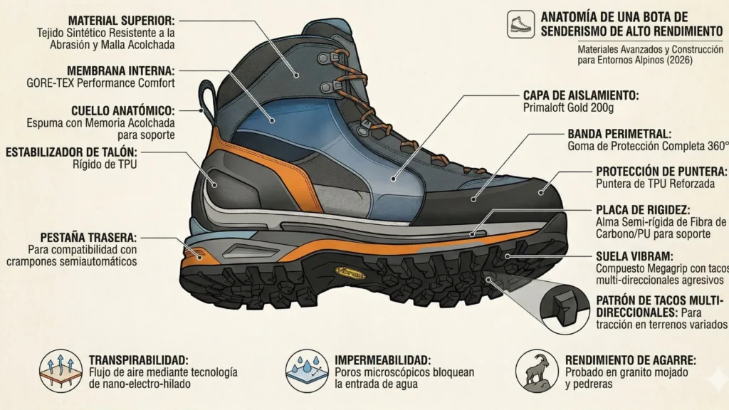 Infografía técnica de las capas de una bota de montaña moderna (B2/B3).
