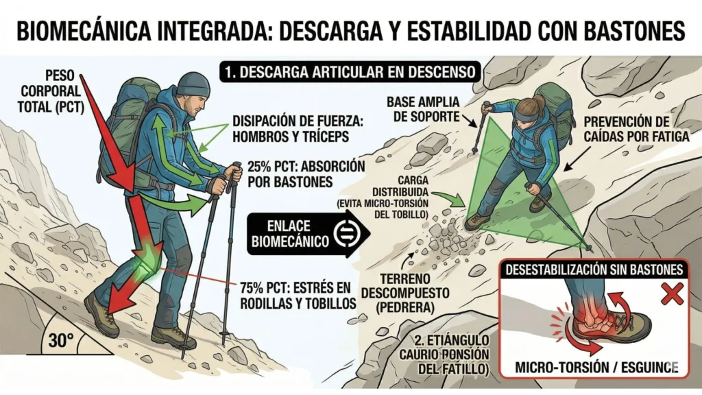 Infografía técnica de biomecánica: vista de perfil de la descarga articular en descenso (vector 75%/25%) y vista cenital del triángulo de estabilidad lateral en pedrera.