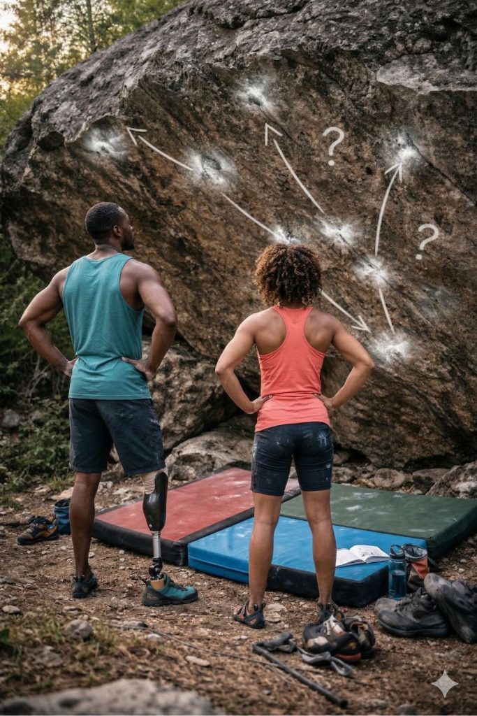 Un equipo diverso de escaladores, incluyendo a un hombre con una prótesis en la pierna y una mujer, analizan juntos las líneas y presas de un bloque de boulder en la naturaleza.