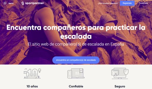 Interfaz de la plataforma Sportpartner para buscar compañeros de escalada fiables por provincias en España.
