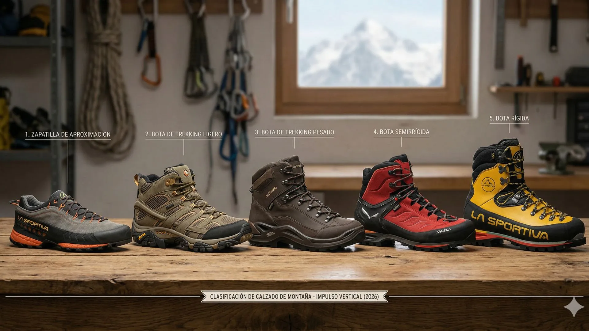 Comparativa de calzado de montaña: zapatilla de aproximación, bota de trekking ligero, bota de trekking pesado, bota semirrígida y bota rígida de alpinismo.