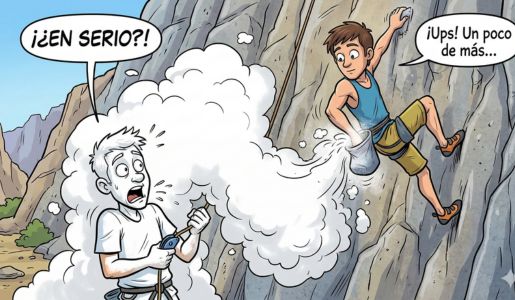 Una imagen cómica que ilustra el código ético en la escalada, mostrando a un escalador arriba generando una gran nube blanca al meter la mano en el magnesio, que cae y deja al asegurador abajo totalmente blanco.