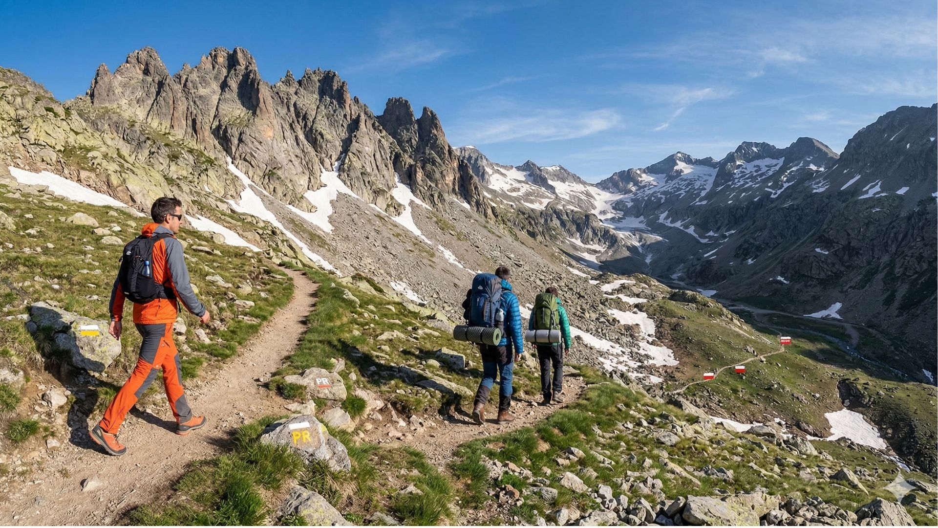 Hiker ligero en sendero marcado vs. trekkers cargados en alta montaña alpina.